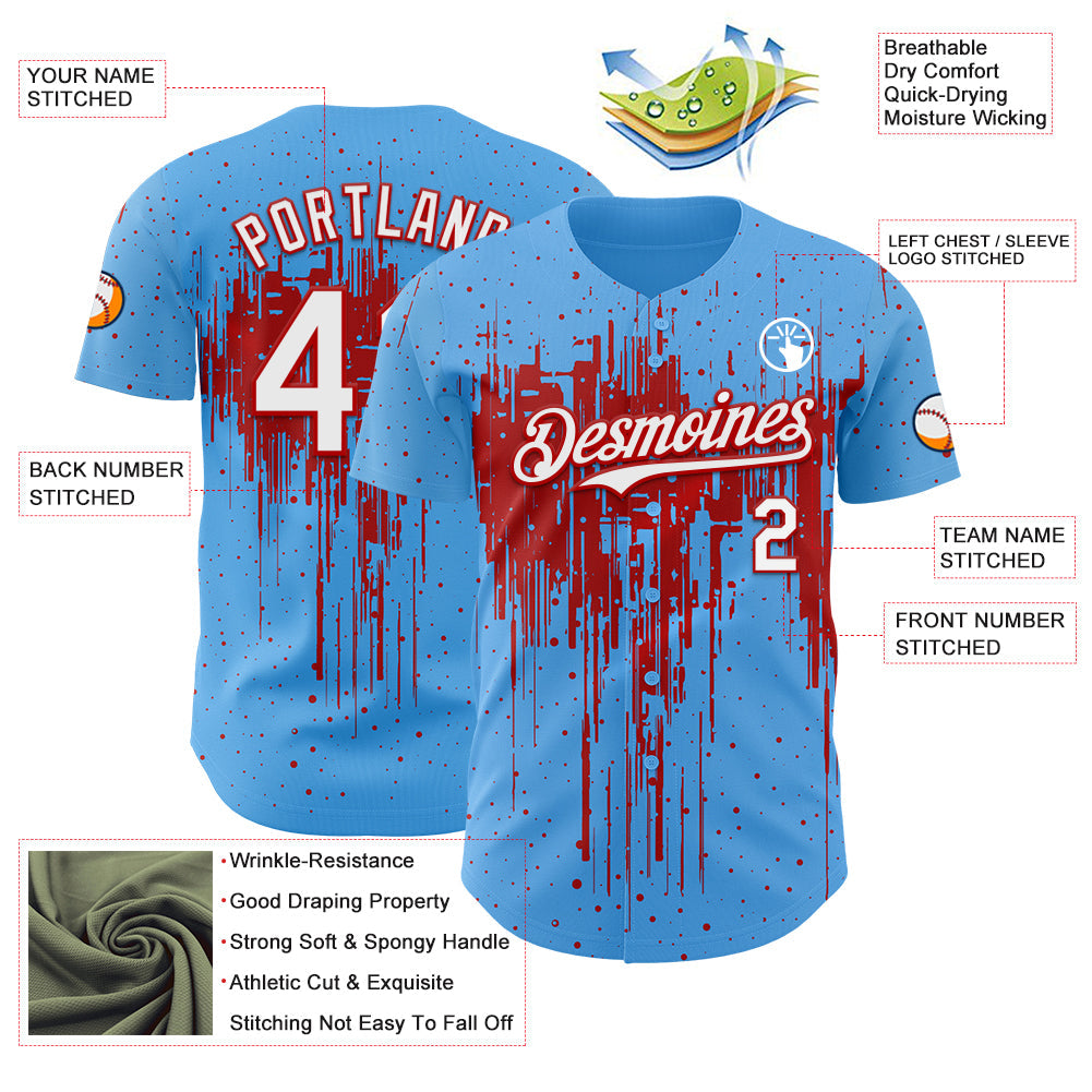 Custom Sky Blue White-Red Dripping Splatter Paint Authentic Baseball Jersey view 3