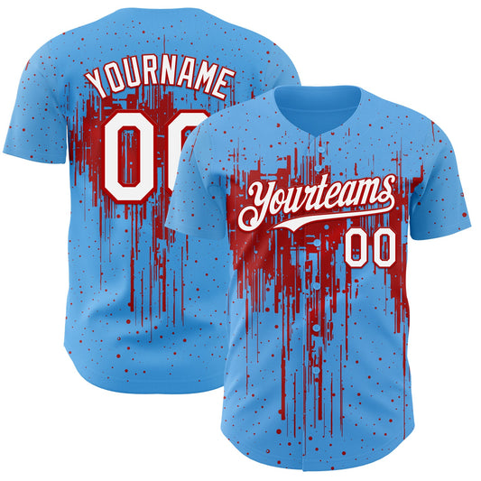 Custom Sky Blue White-Red Dripping Splatter Paint Authentic Baseball Jersey - Main View