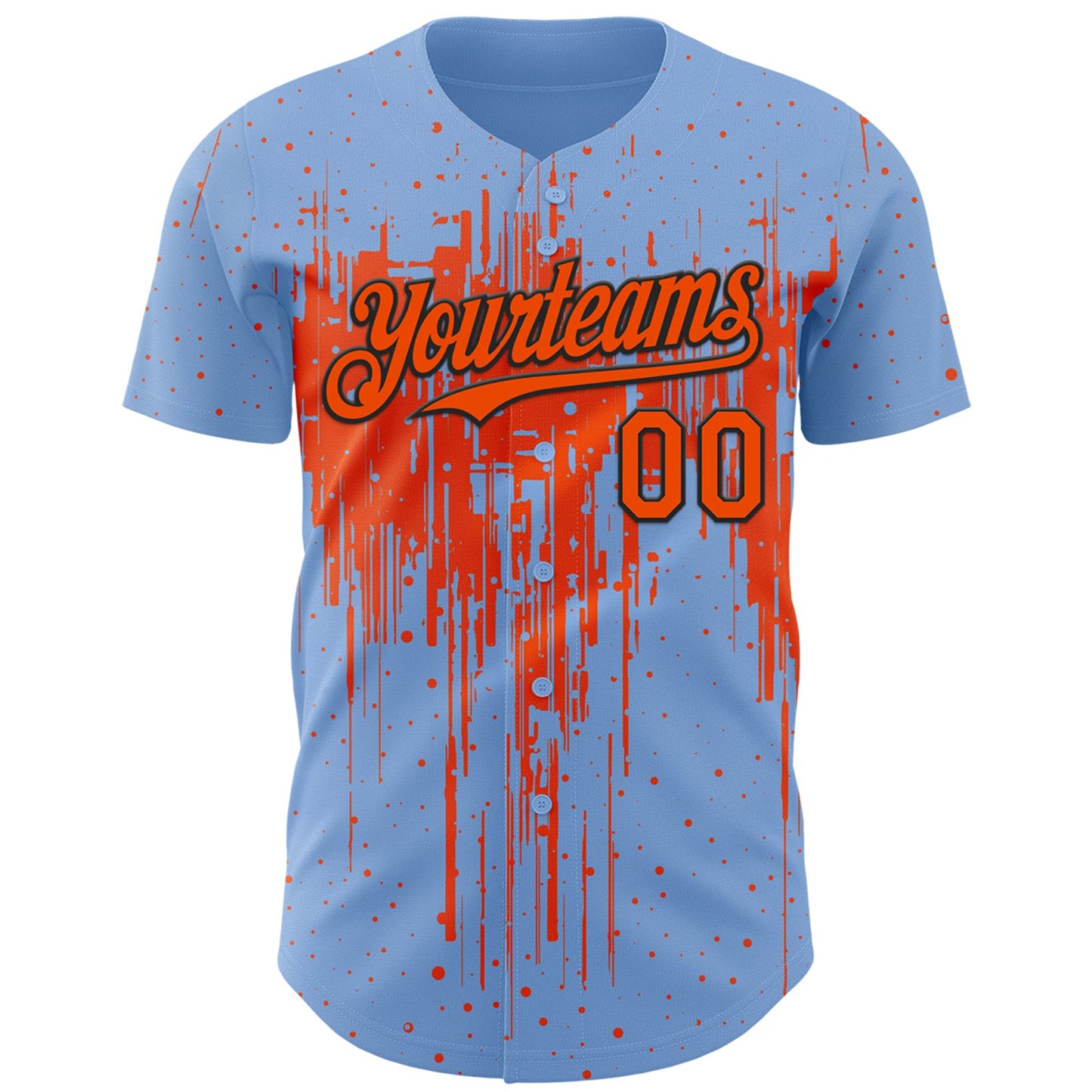 Custom Light Blue Orange-Black Dripping Splatter Paint Authentic Baseball Jersey view 2