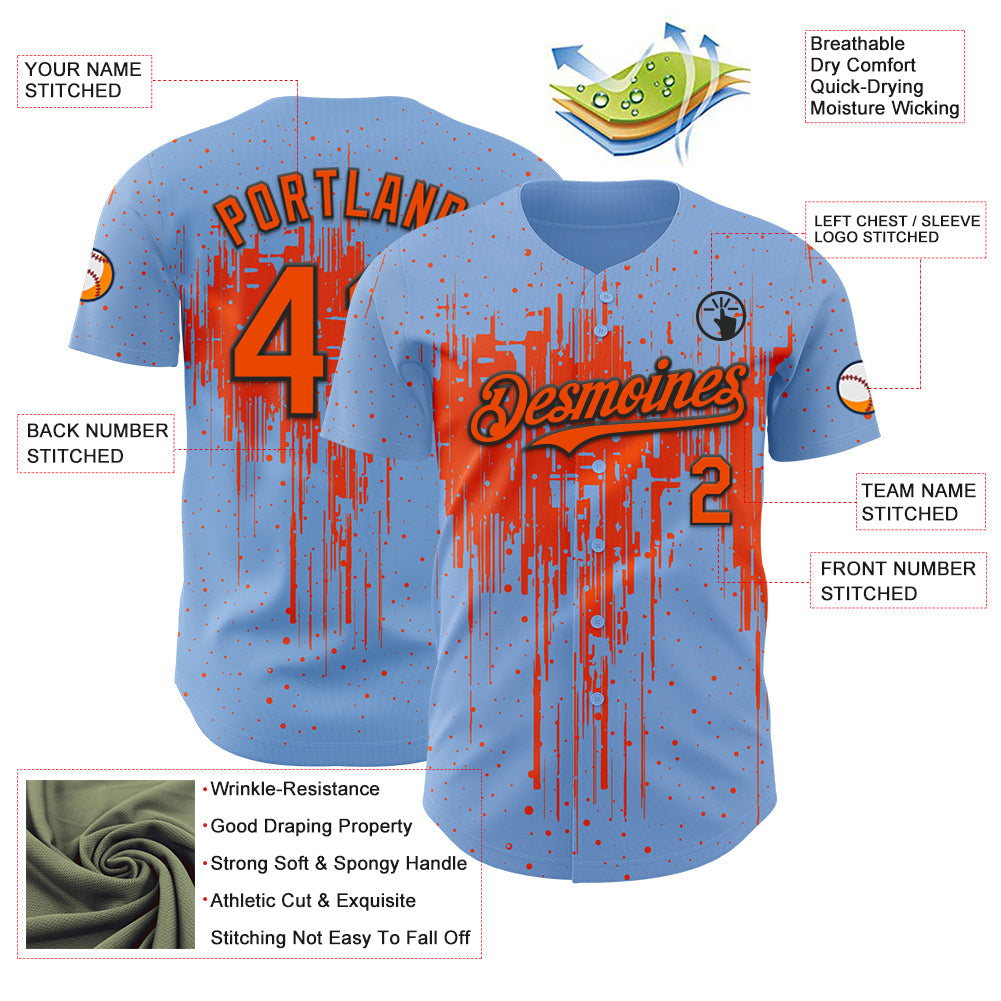 Custom Light Blue Orange-Black Dripping Splatter Paint Authentic Baseball Jersey view 3