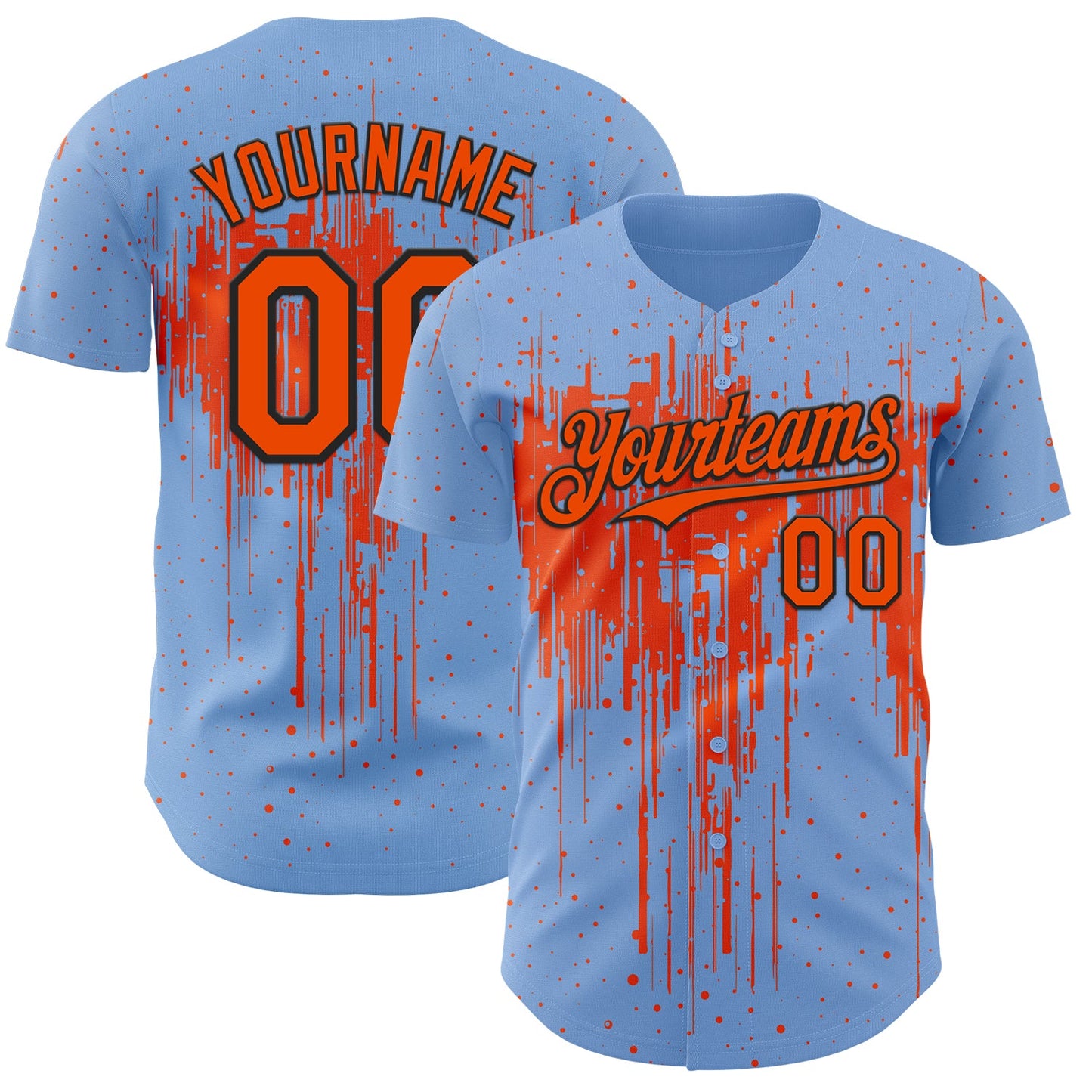 Custom Light Blue Orange-Black Dripping Splatter Paint Authentic Baseball Jersey - Main View