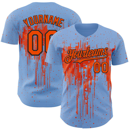 Custom Light Blue Orange-Black Dripping Splatter Paint Authentic Baseball Jersey - Main View