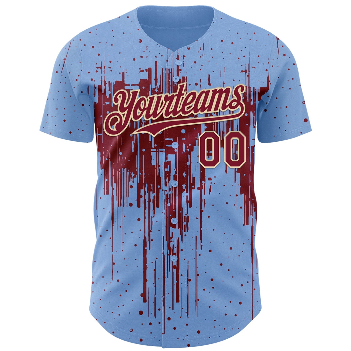 Custom Light Blue Crimson-Cream Dripping Splatter Paint Authentic Baseball Jersey view 2