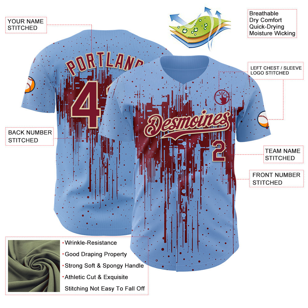 Custom Light Blue Crimson-Cream Dripping Splatter Paint Authentic Baseball Jersey view 3