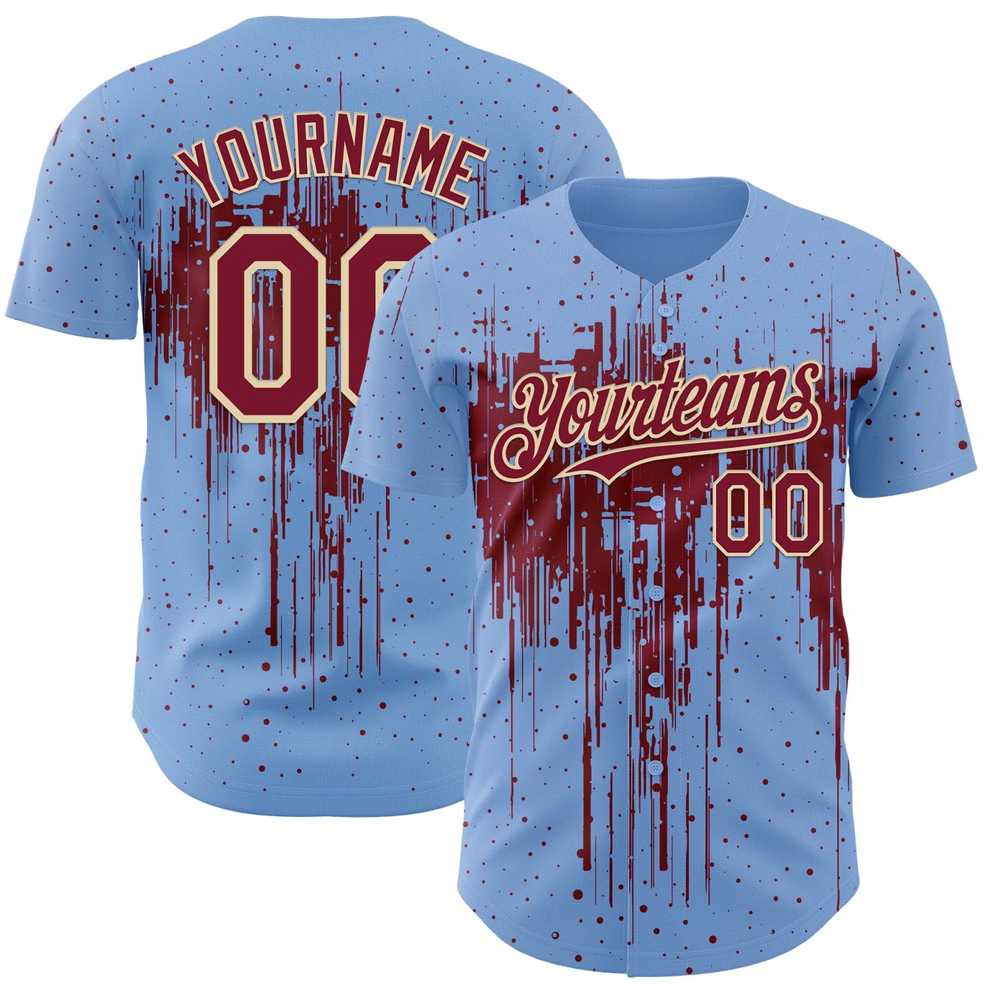 Custom Light Blue Crimson-Cream Dripping Splatter Paint Authentic Baseball Jersey - Main View