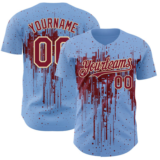 Custom Light Blue Crimson-Cream Dripping Splatter Paint Authentic Baseball Jersey - Main View