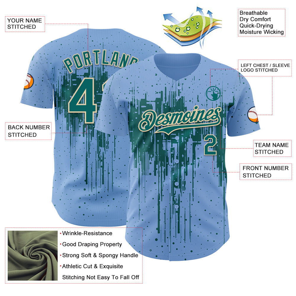 Custom Light Blue Teal-Cream Dripping Splatter Paint Authentic Baseball Jersey view 3