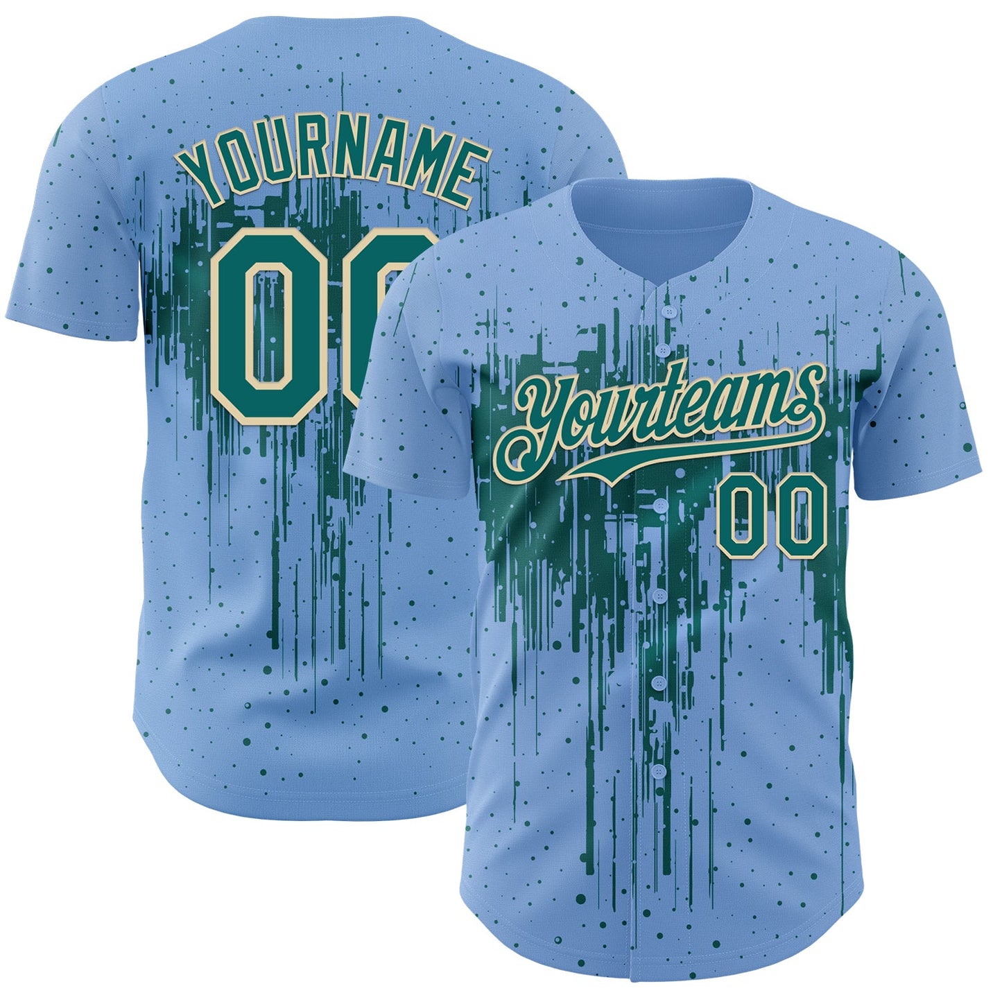 Custom Light Blue Teal-Cream Dripping Splatter Paint Authentic Baseball Jersey - Main View