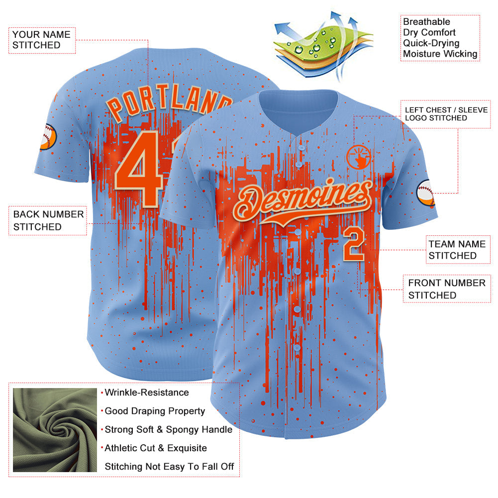 Custom Light Blue Orange-Cream Dripping Splatter Paint Authentic Baseball Jersey view 3