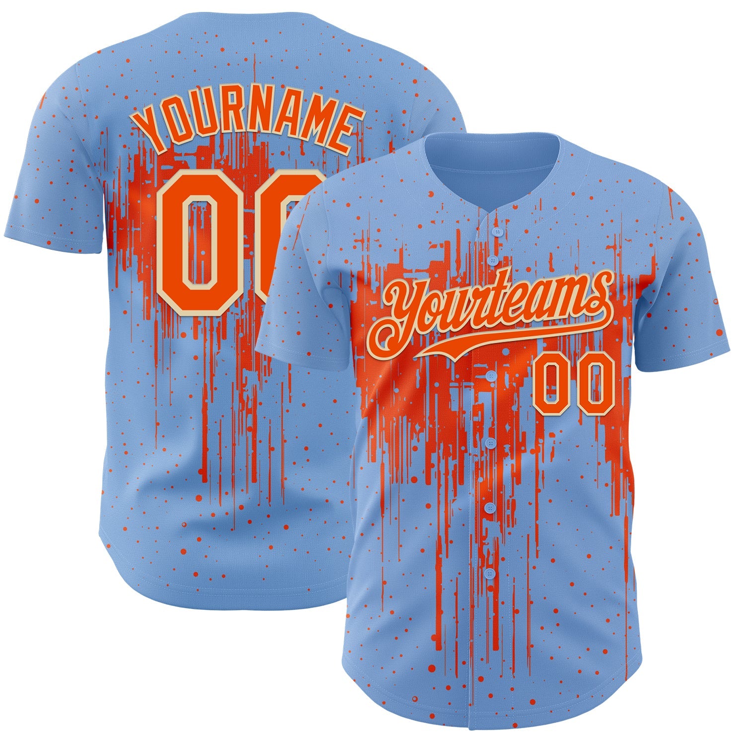 Custom Light Blue Orange-Cream Dripping Splatter Paint Authentic Baseball Jersey - Main View