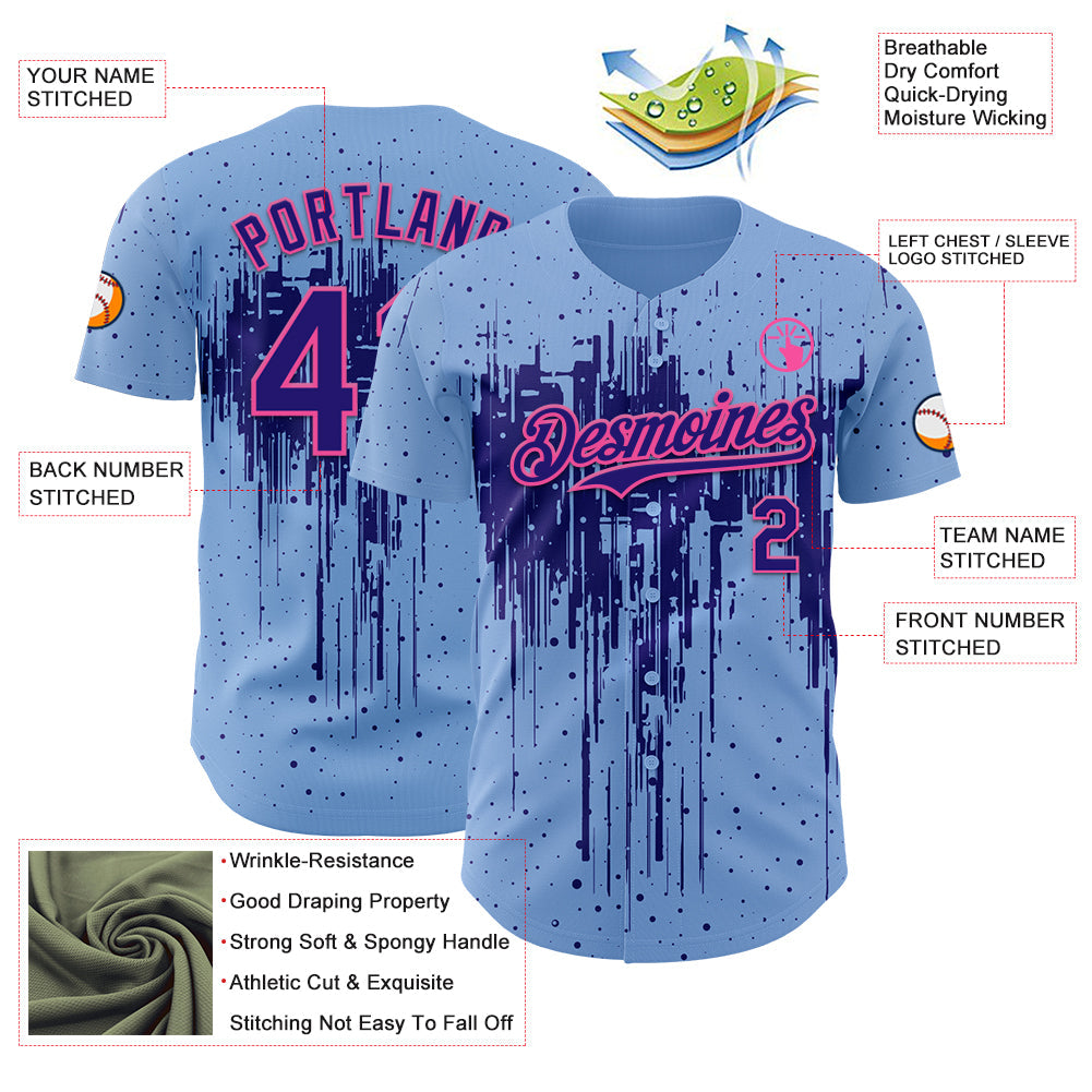 Custom Light Blue Dark Purple-Pink Dripping Splatter Paint Authentic Baseball Jersey view 3