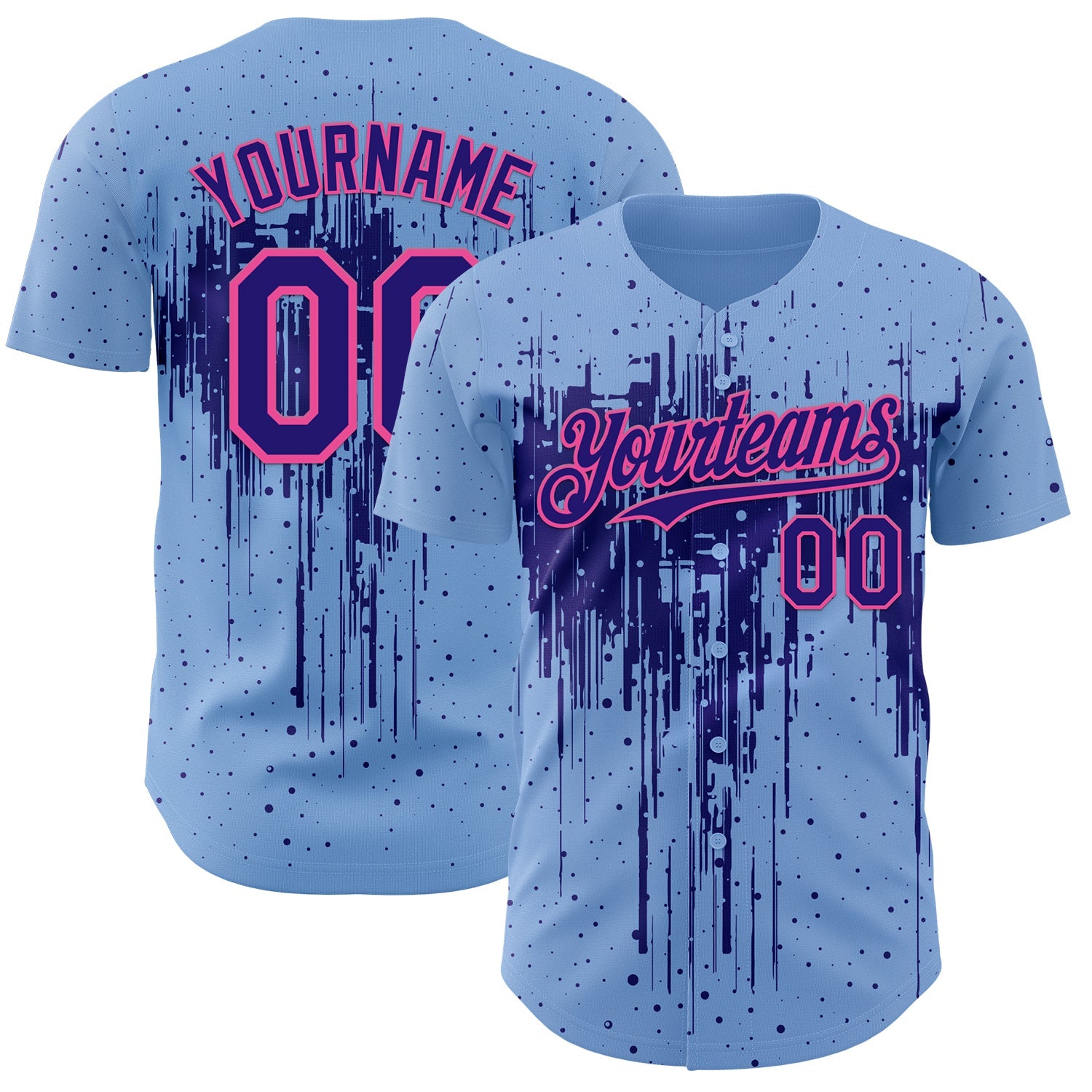 Custom Light Blue Dark Purple-Pink Dripping Splatter Paint Authentic Baseball Jersey - Main View