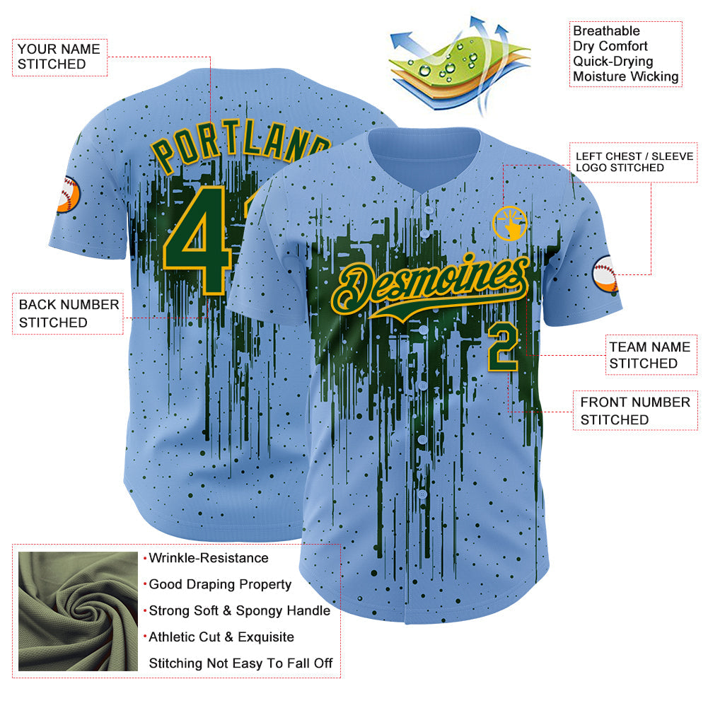 Custom Light Blue Green-Gold Dripping Splatter Paint Authentic Baseball Jersey view 3
