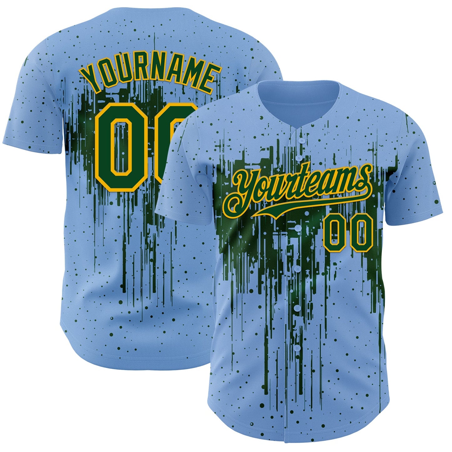 Custom Light Blue Green-Gold Dripping Splatter Paint Authentic Baseball Jersey - Main View