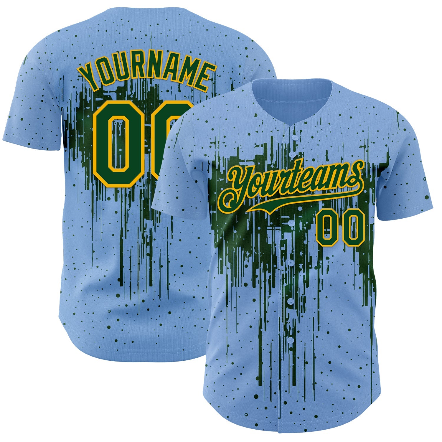Custom Light Blue Green-Gold Dripping Splatter Paint Authentic Baseball Jersey - Main View