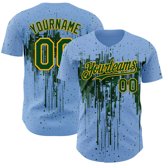 Custom Light Blue Green-Gold Dripping Splatter Paint Authentic Baseball Jersey - Main View