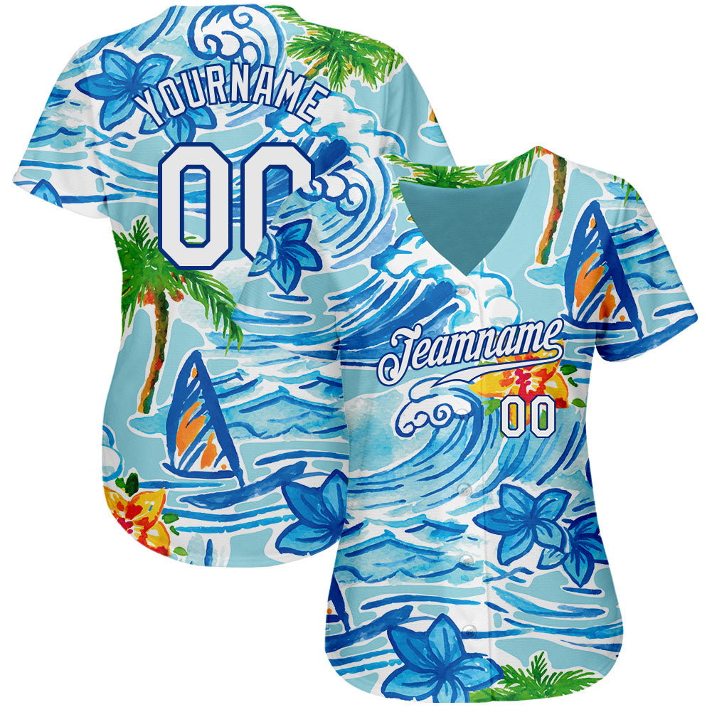 Custom White Royal 3D Pattern Design Beach Hawaii Palm Trees And Flowers Authentic Baseball Jersey view 2