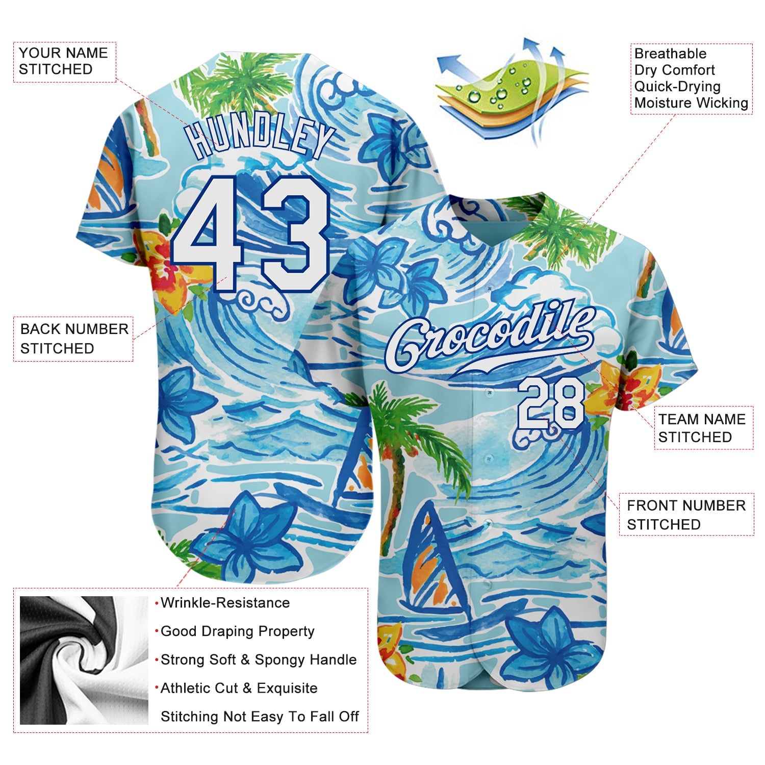 Custom White Royal 3D Pattern Design Beach Hawaii Palm Trees And Flowers Authentic Baseball Jersey view 3