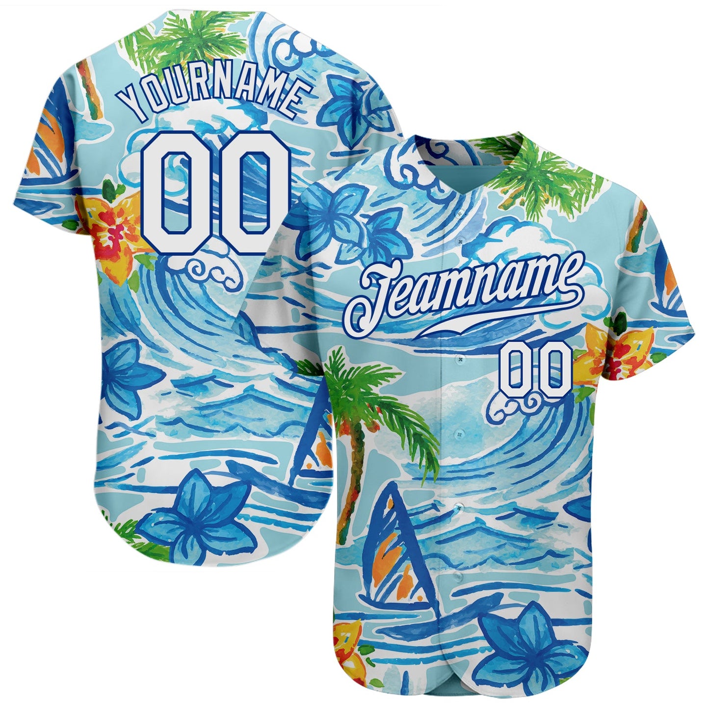 Custom White Royal 3D Pattern Design Beach Hawaii Palm Trees And Flowers Authentic Baseball Jersey - Main View
