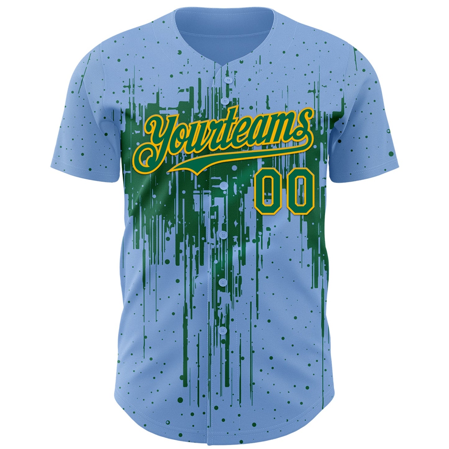 Custom Light Blue Kelly Green-Gold Dripping Splatter Paint Authentic Baseball Jersey view 2