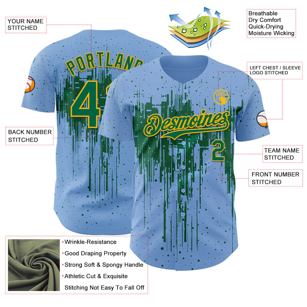 Custom Light Blue Kelly Green-Gold Dripping Splatter Paint Authentic Baseball Jersey view 3