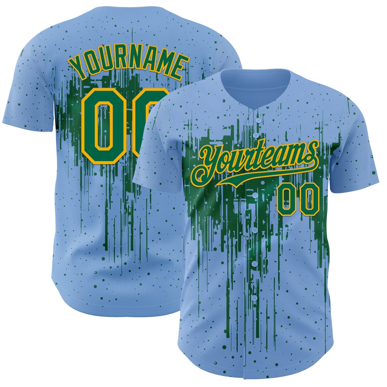 Custom Light Blue Kelly Green-Gold Dripping Splatter Paint Authentic Baseball Jersey - Main View