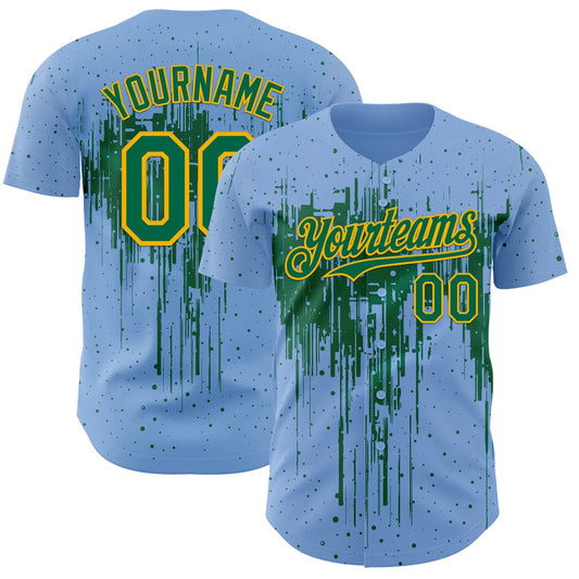 Custom Light Blue Kelly Green-Gold Dripping Splatter Paint Authentic Baseball Jersey - Main View