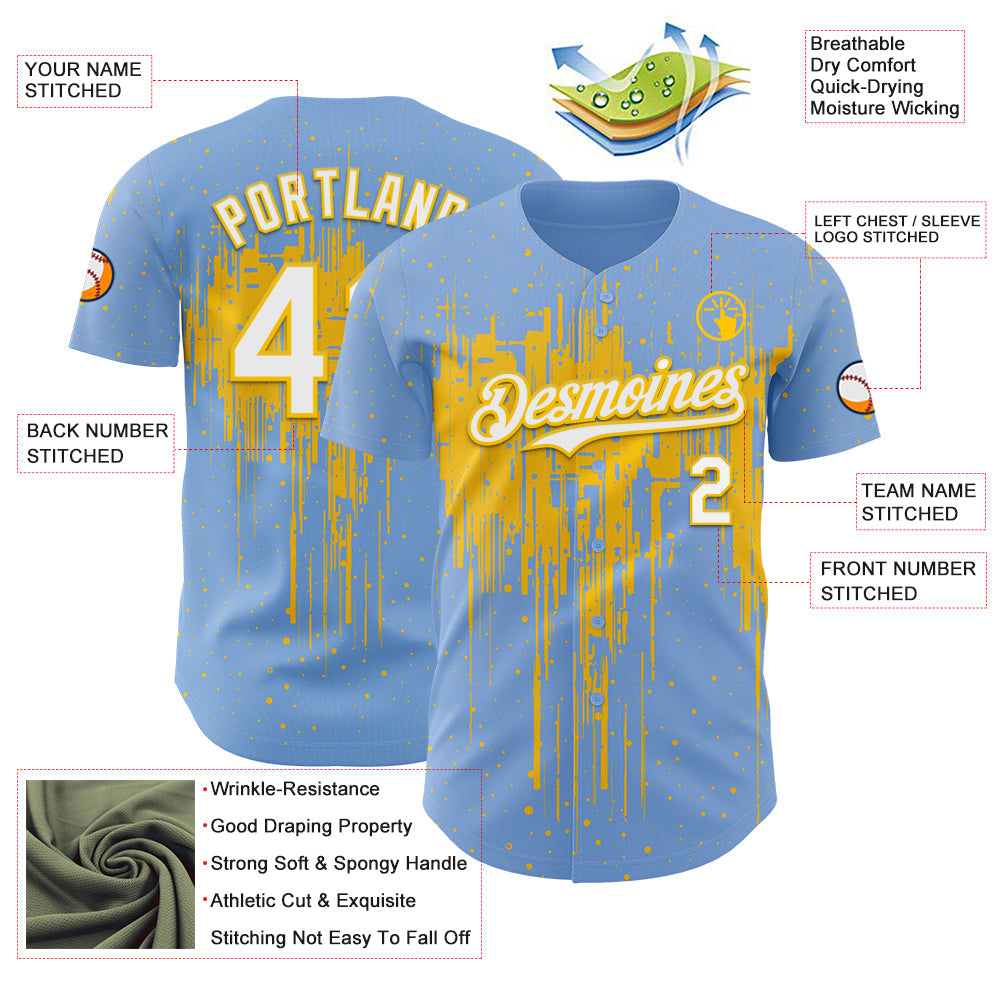 Custom Light Blue White-Yellow Dripping Splatter Paint Authentic Baseball Jersey view 3