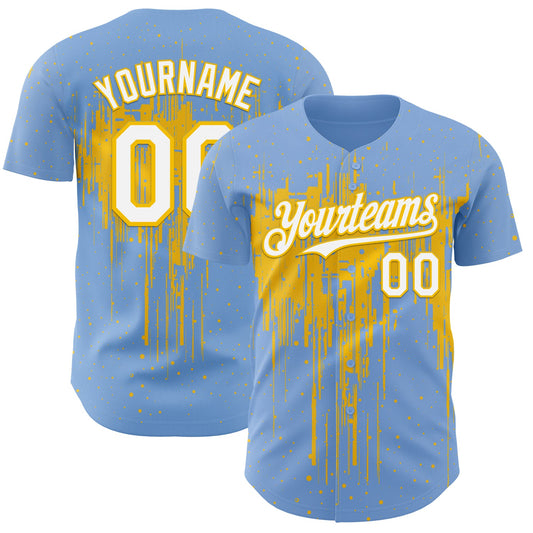 Custom Light Blue White-Yellow Dripping Splatter Paint Authentic Baseball Jersey - Main View