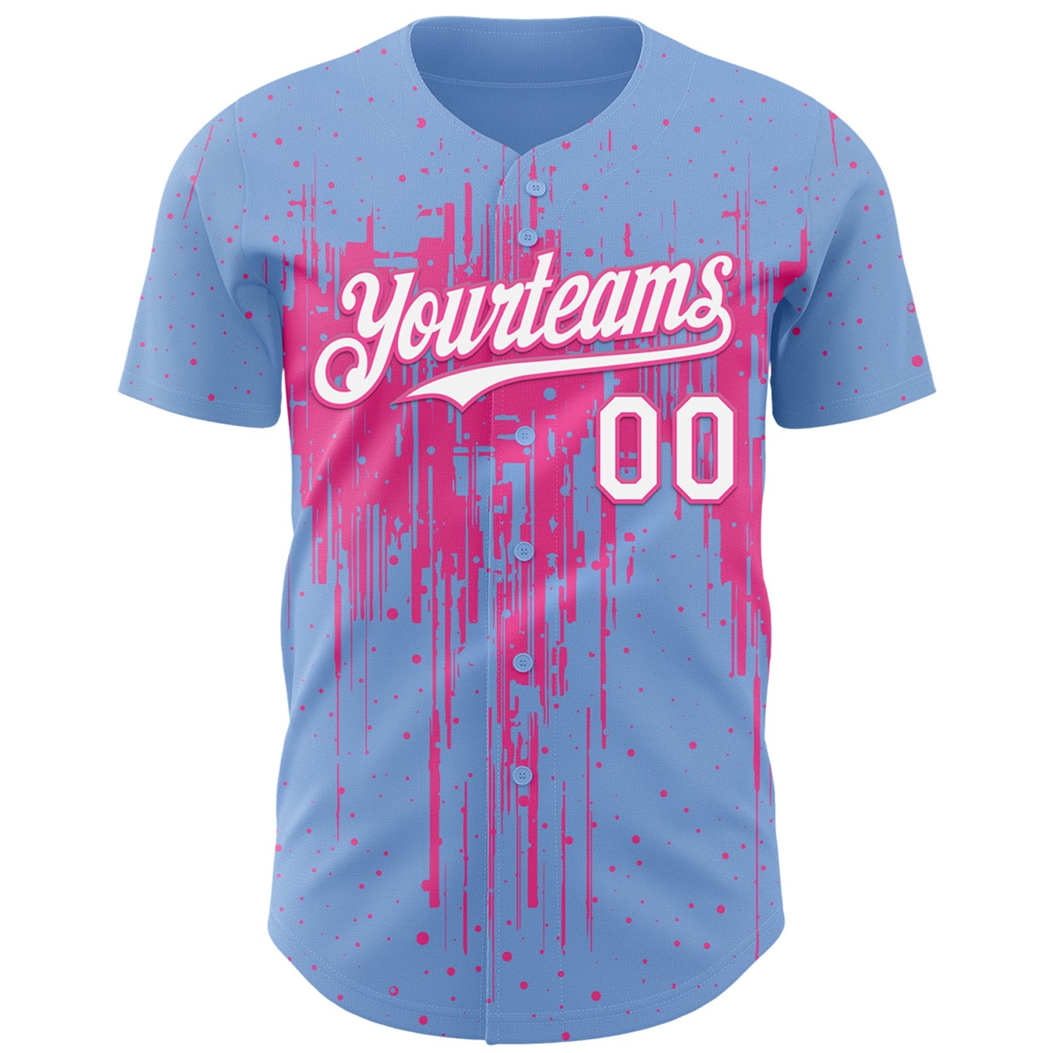 Custom Light Blue White-Pink Dripping Splatter Paint Authentic Baseball Jersey view 2