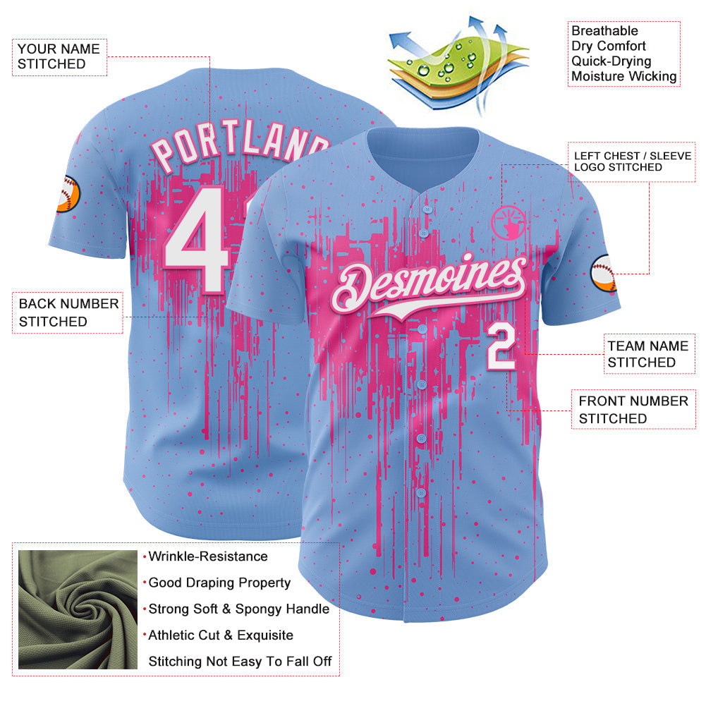 Custom Light Blue White-Pink Dripping Splatter Paint Authentic Baseball Jersey view 3