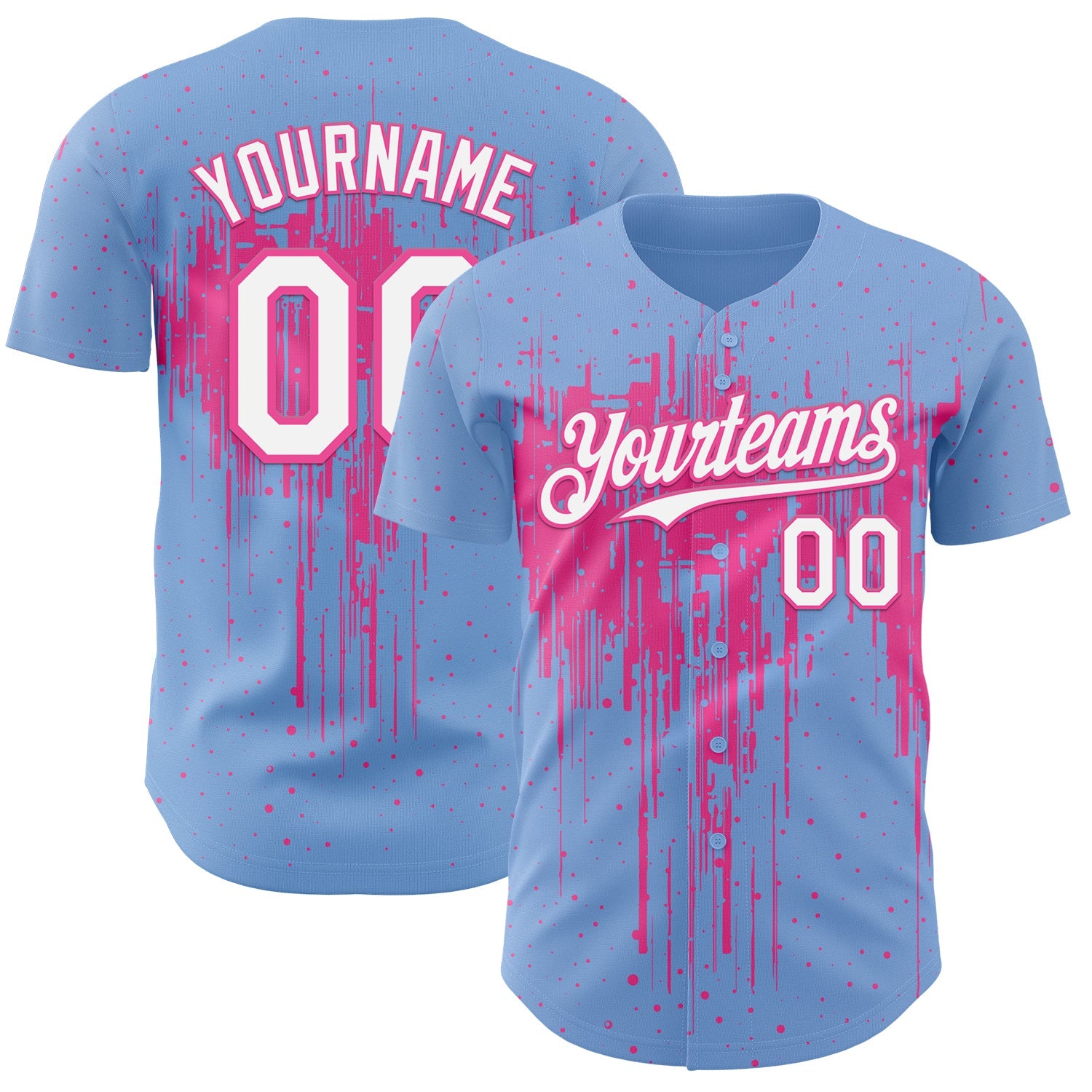 Custom Light Blue White-Pink Dripping Splatter Paint Authentic Baseball Jersey - Main View