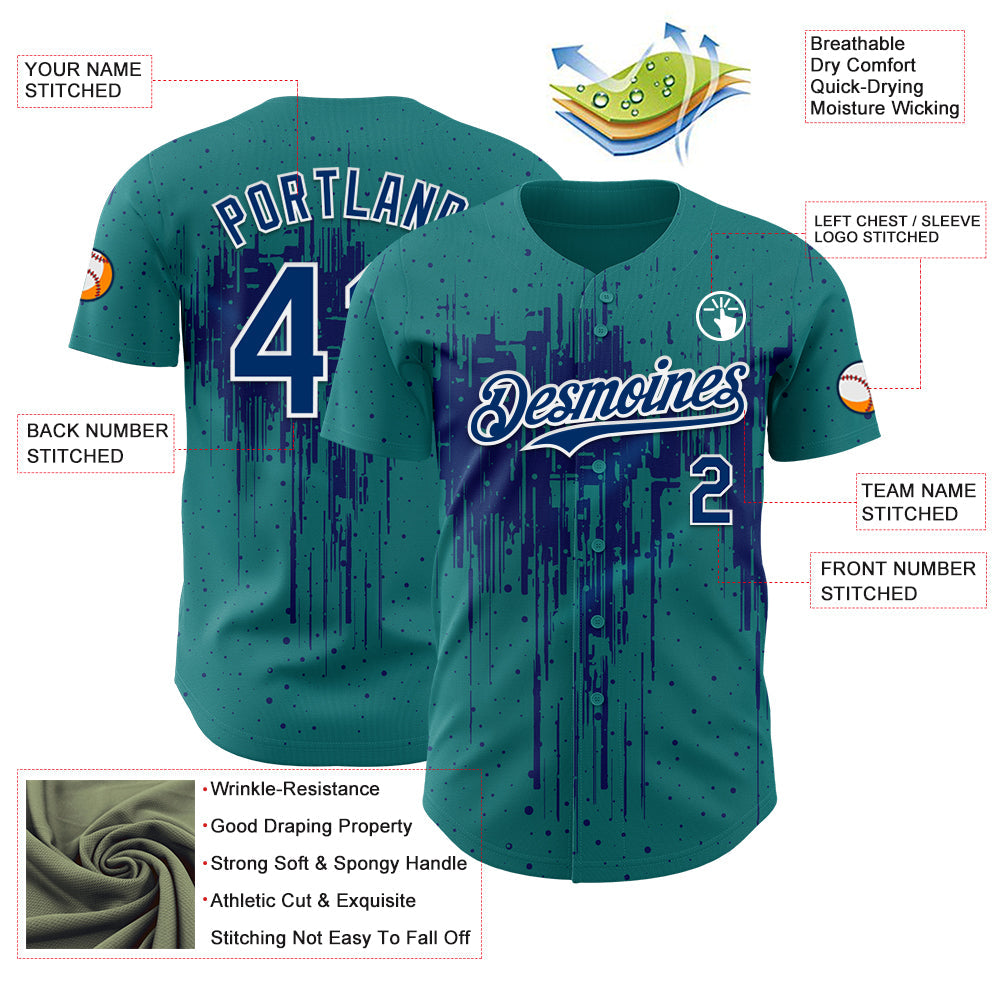 Custom Teal US Navy Blue-White Dripping Splatter Paint Authentic Baseball Jersey view 3