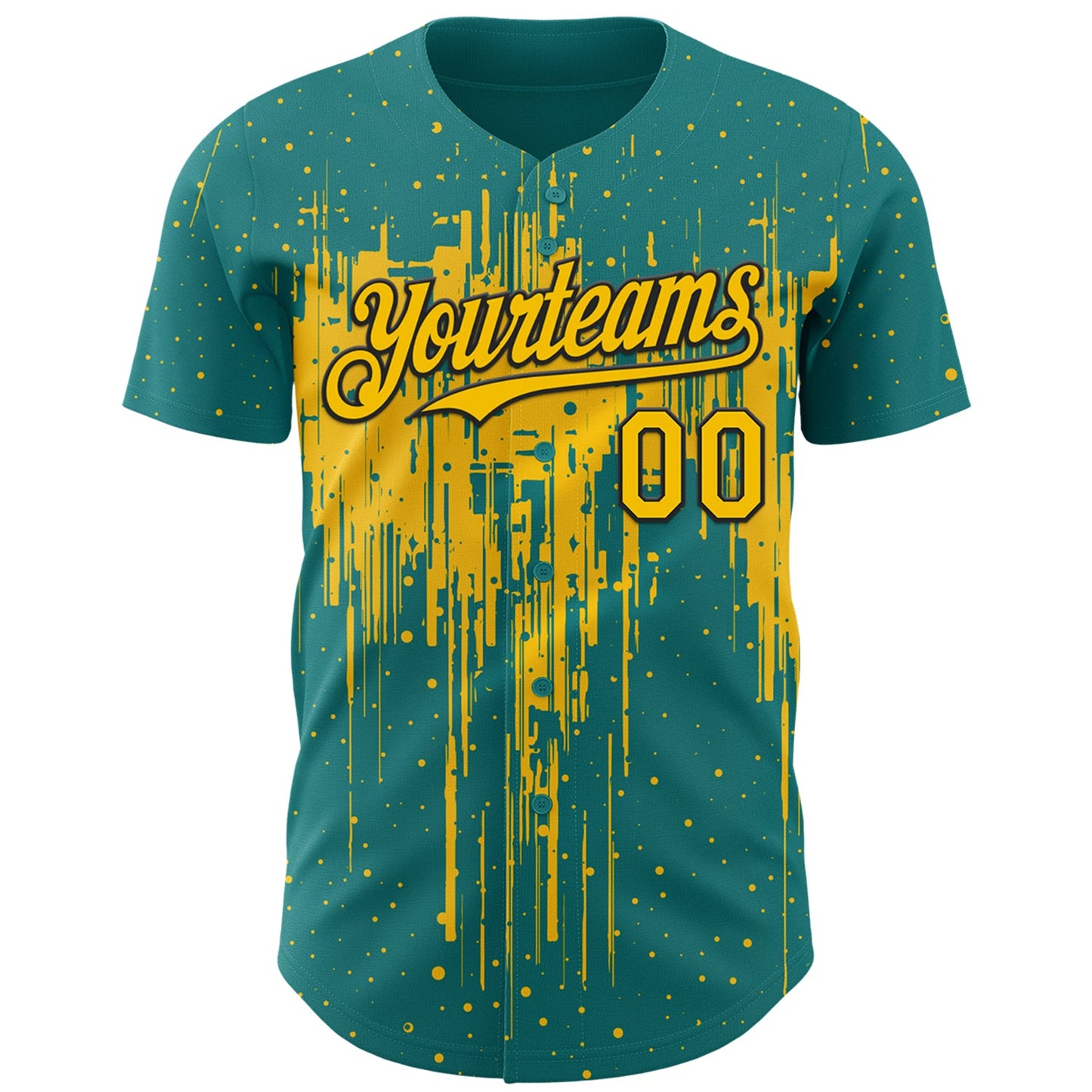 Custom Teal Yellow-Black Dripping Splatter Paint Authentic Baseball Jersey view 2