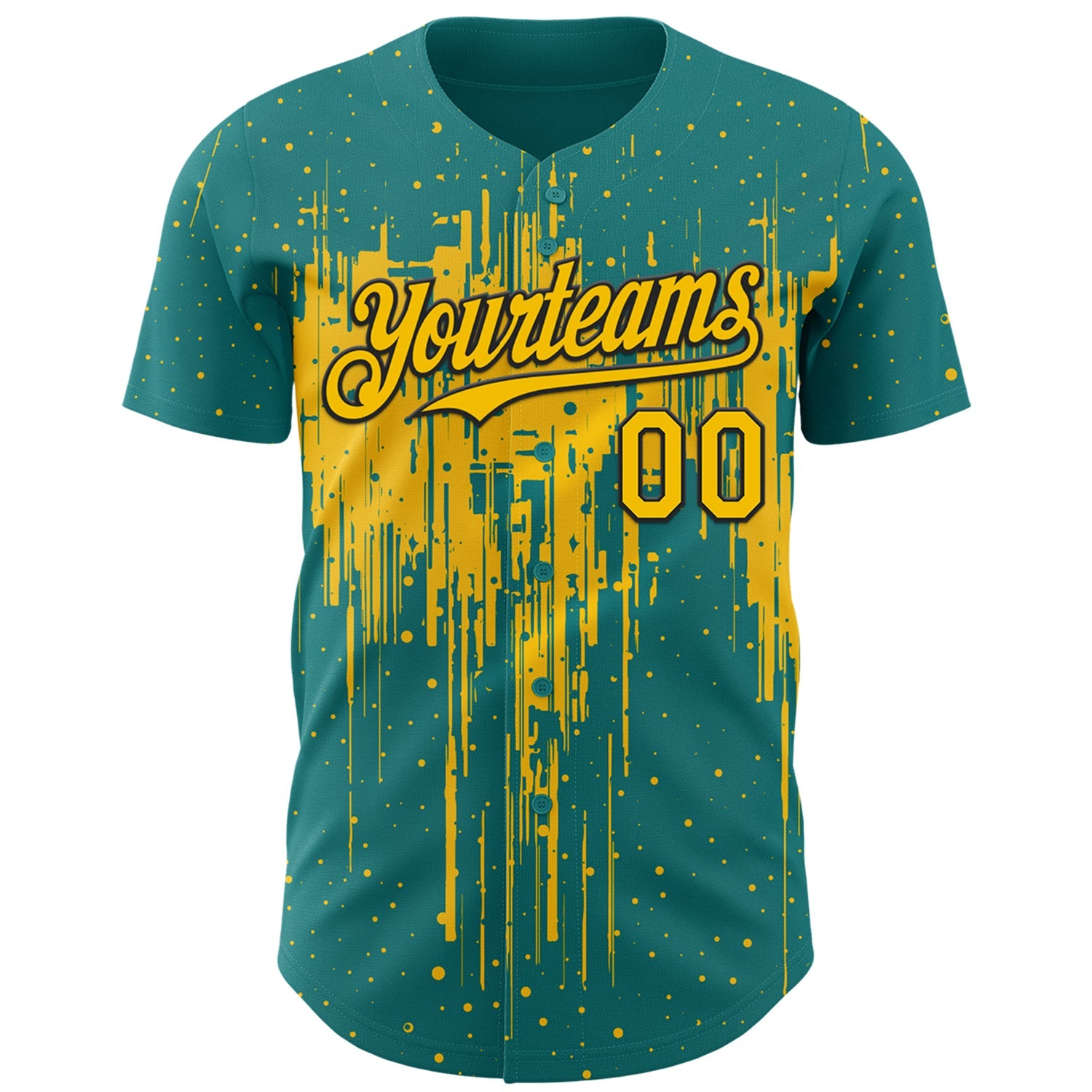 Custom Teal Yellow-Black Dripping Splatter Paint Authentic Baseball Jersey view 2