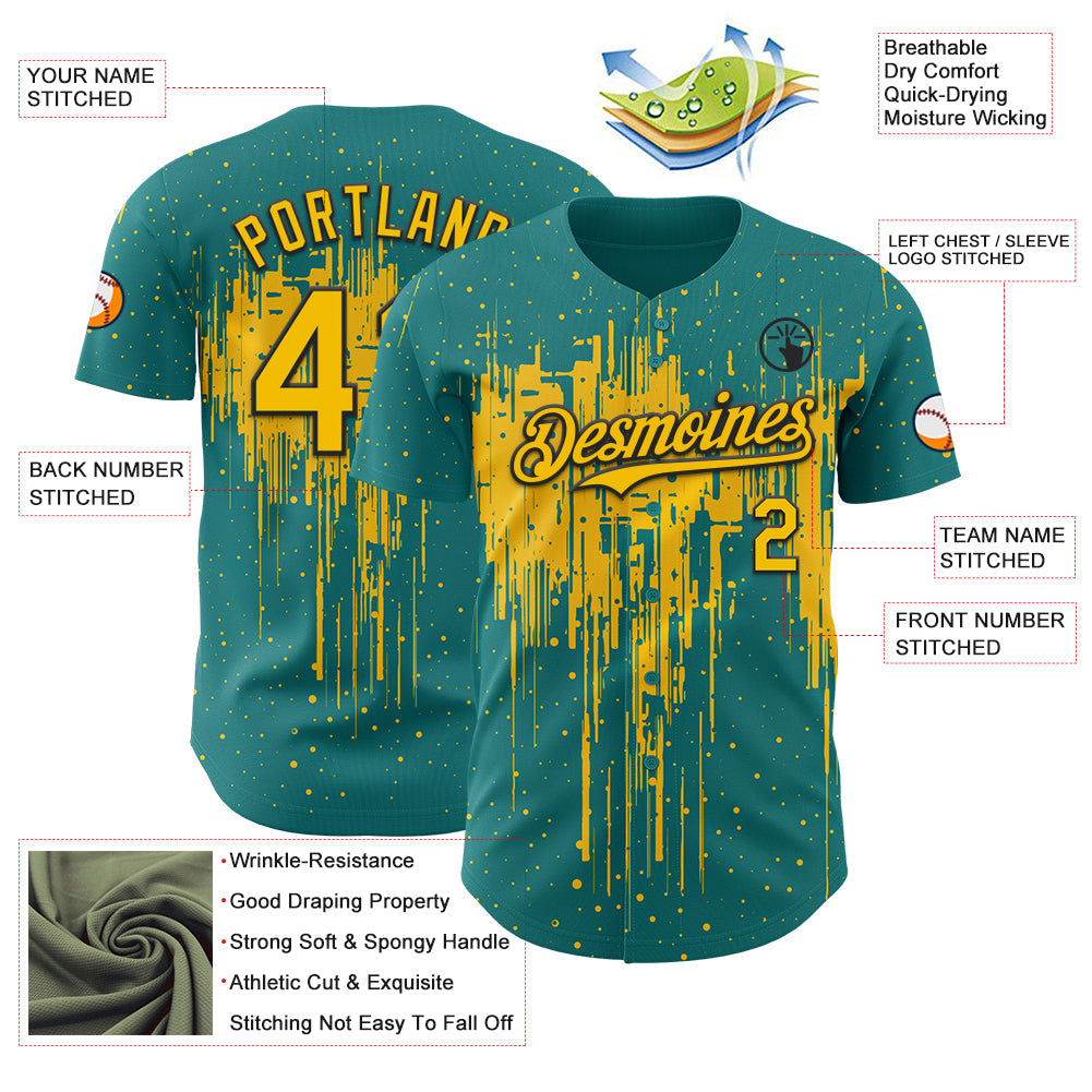 Custom Teal Yellow-Black Dripping Splatter Paint Authentic Baseball Jersey view 3