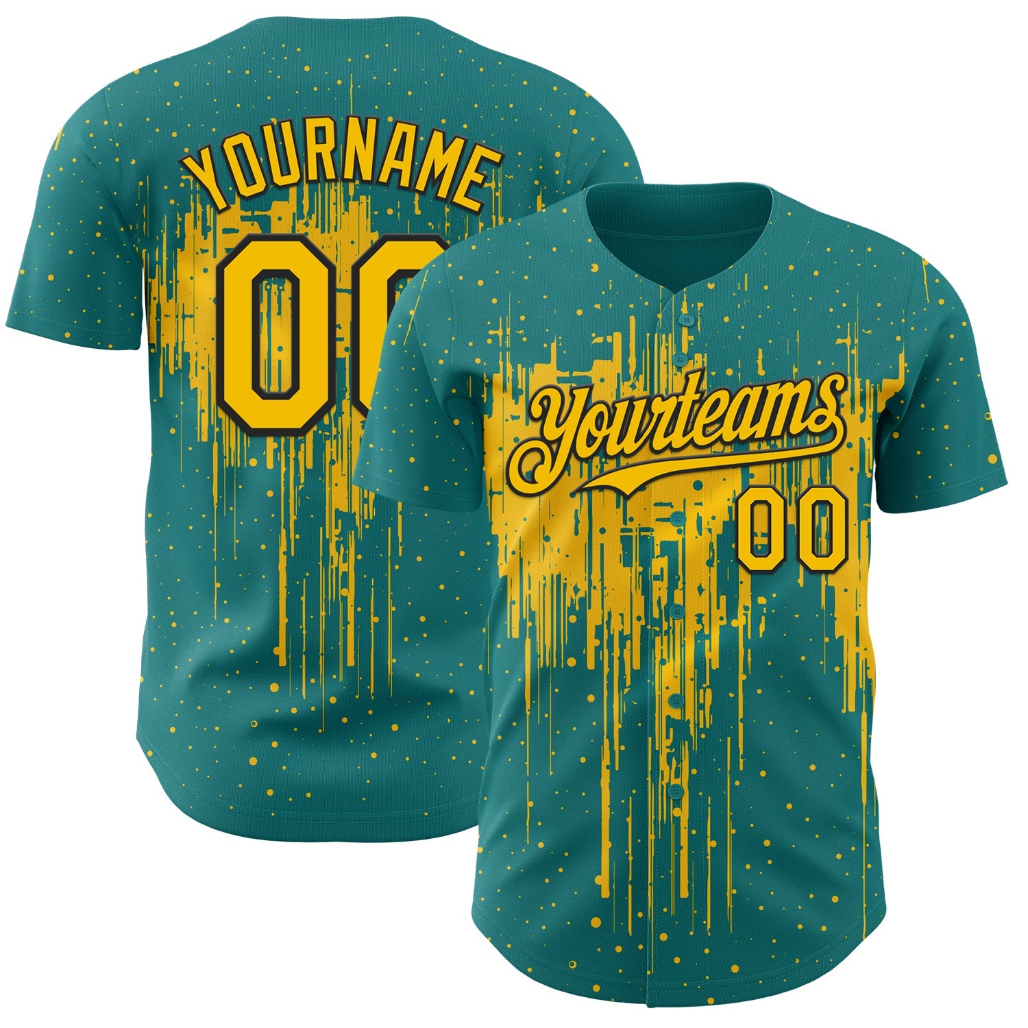 Custom Teal Yellow-Black Dripping Splatter Paint Authentic Baseball Jersey - Main View