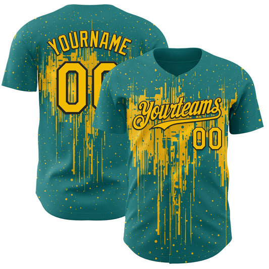 Custom Teal Yellow-Black Dripping Splatter Paint Authentic Baseball Jersey - Main View