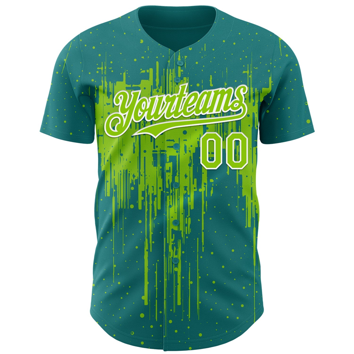 Custom Teal Neon Green-White Dripping Splatter Paint Authentic Baseball Jersey view 2