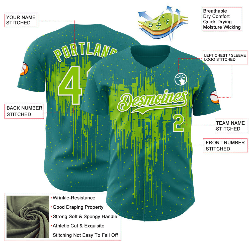 Custom Teal Neon Green-White Dripping Splatter Paint Authentic Baseball Jersey view 3