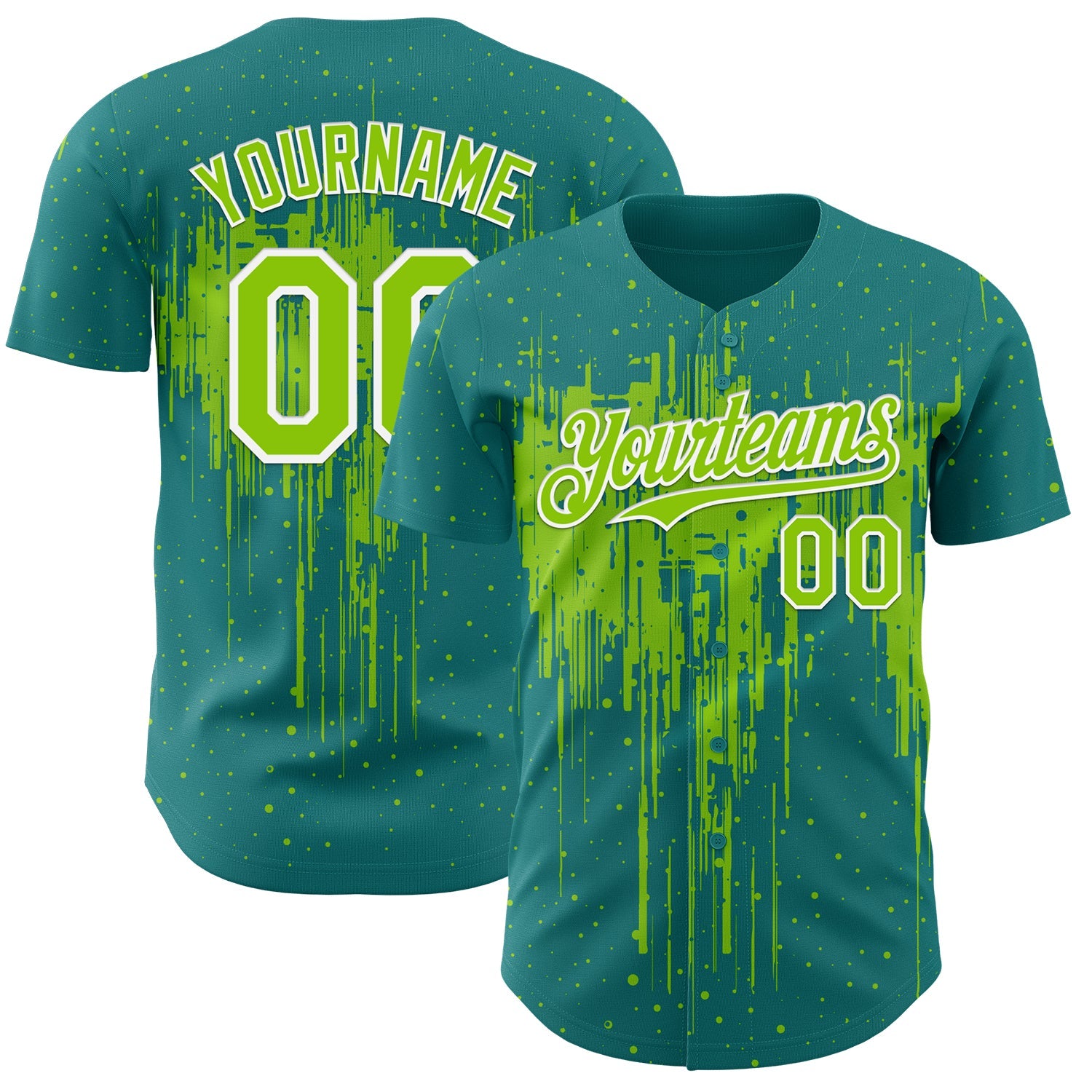 Custom Teal Neon Green-White Dripping Splatter Paint Authentic Baseball Jersey - Main View