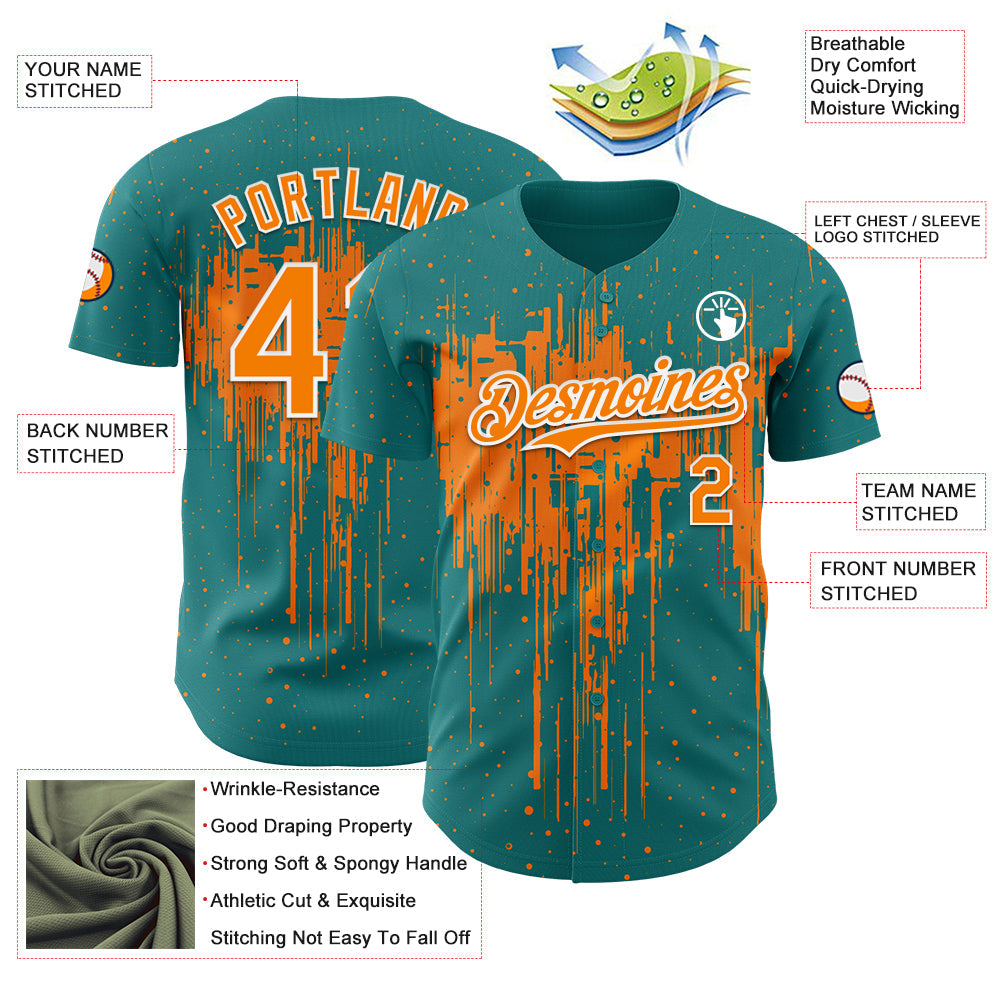 Custom Teal Bay Orange-White Dripping Splatter Paint Authentic Baseball Jersey view 3