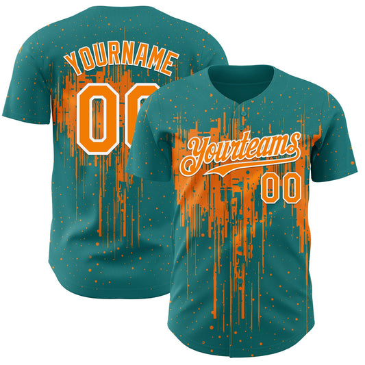Custom Teal Bay Orange-White Dripping Splatter Paint Authentic Baseball Jersey - Main View