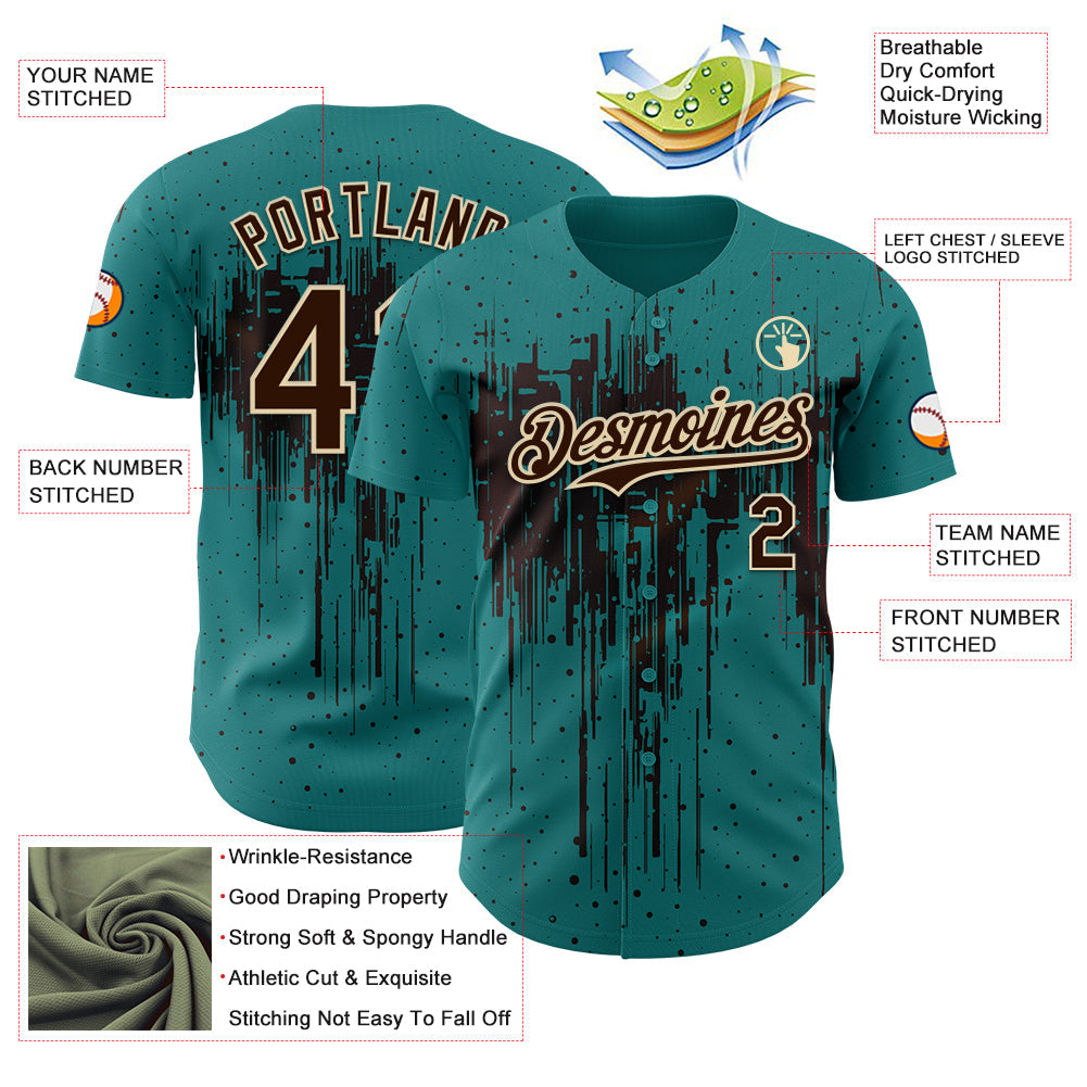 Custom Teal Brown-Cream Dripping Splatter Paint Authentic Baseball Jersey view 3