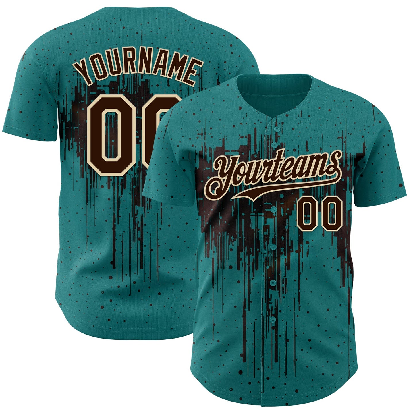 Custom Teal Brown-Cream Dripping Splatter Paint Authentic Baseball Jersey - Main View