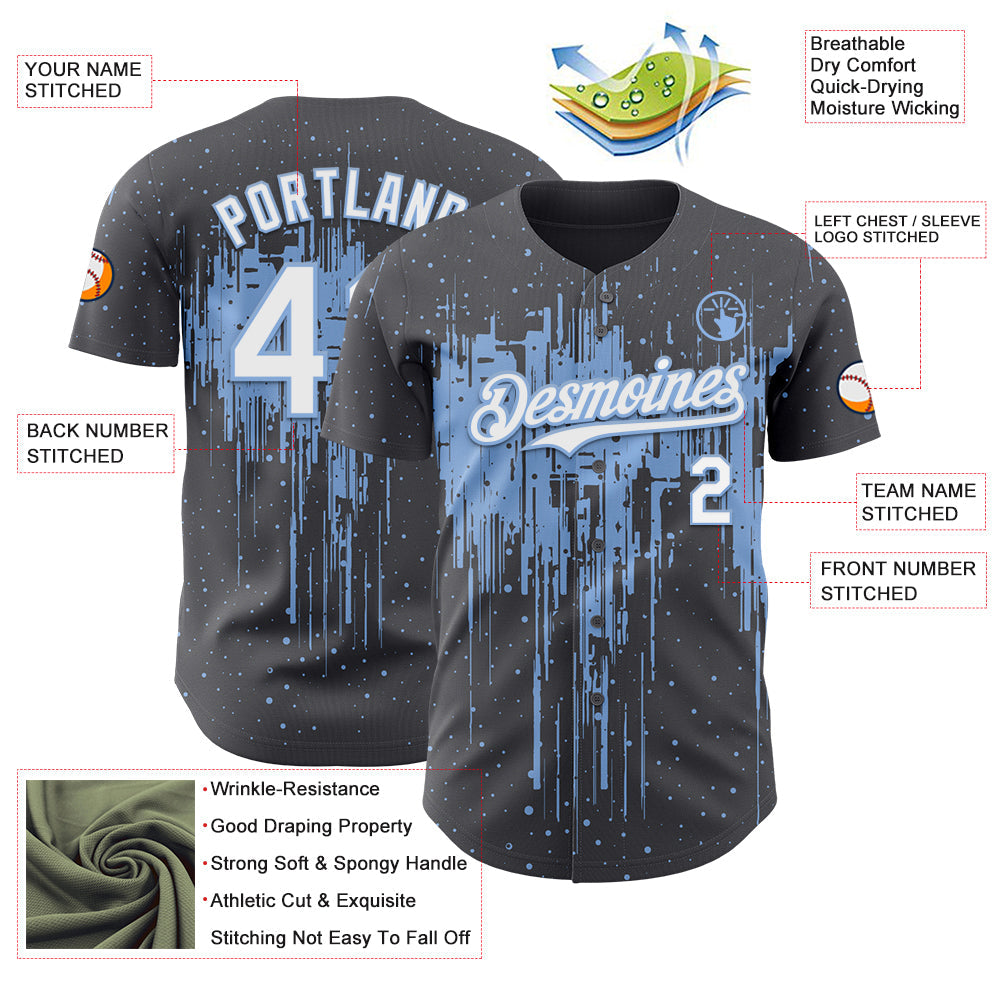 Custom Steel Gray White-Light Blue Dripping Splatter Paint Authentic Baseball Jersey view 3