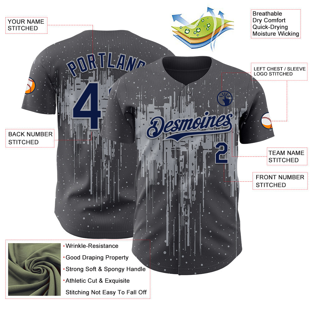 Custom Steel Gray Navy-Gray Dripping Splatter Paint Authentic Baseball Jersey view 3