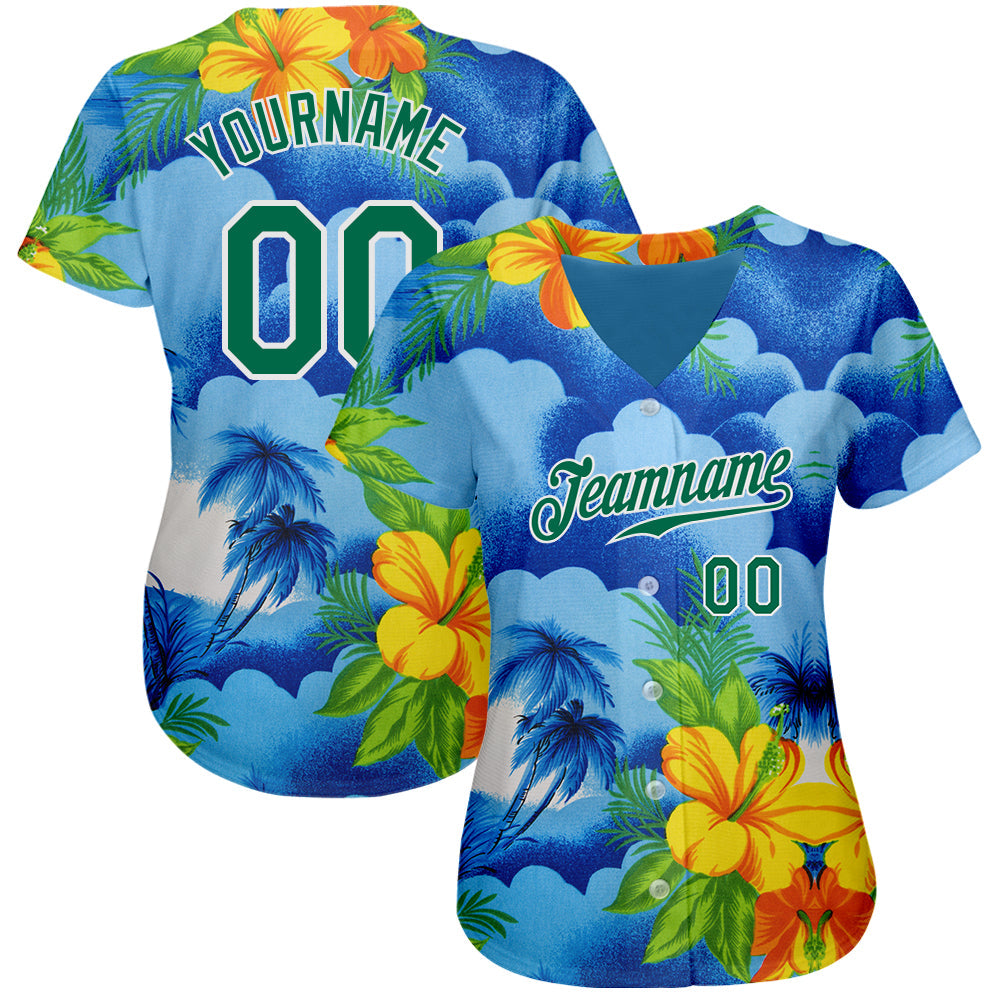 Custom White Kelly Green 3D Pattern Design Beach Hawaii Palm Trees And Flowers Authentic Baseball Jersey view 2