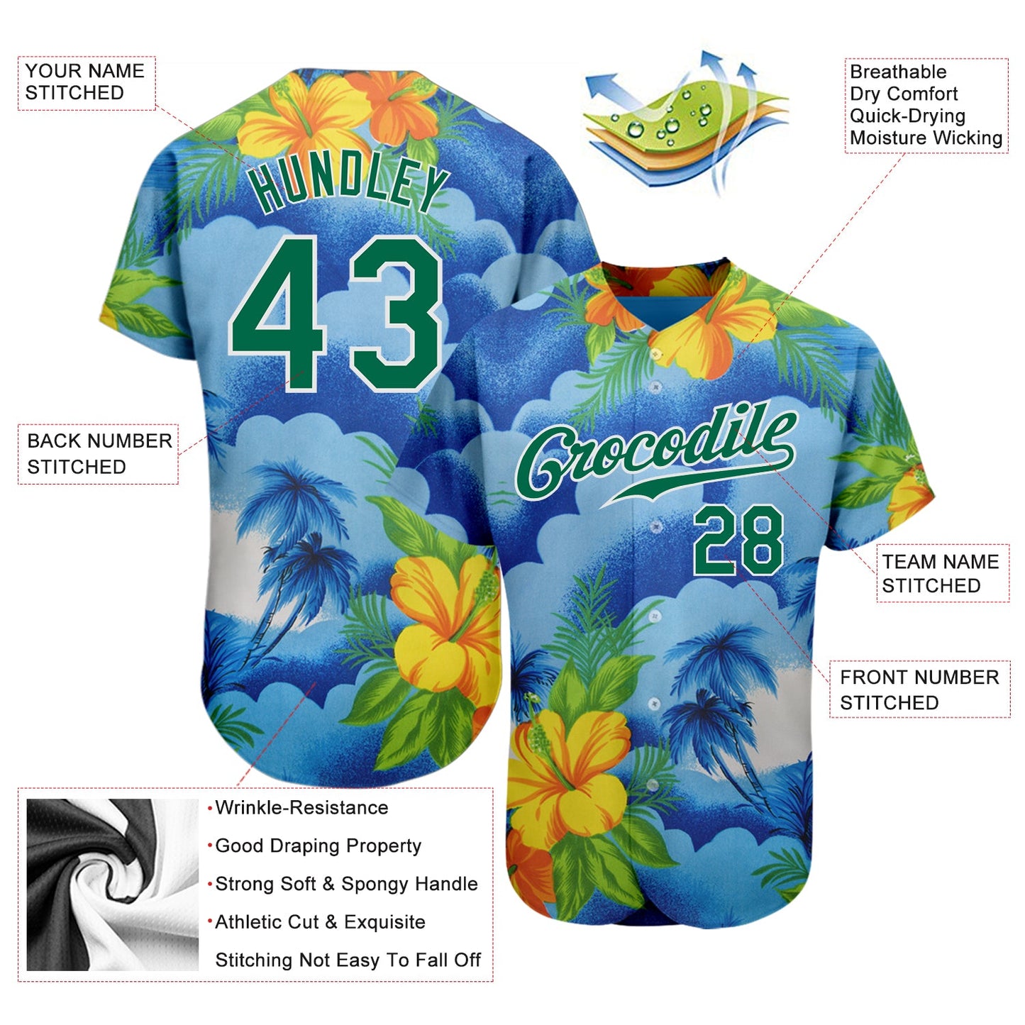 Custom White Kelly Green 3D Pattern Design Beach Hawaii Palm Trees And Flowers Authentic Baseball Jersey view 3