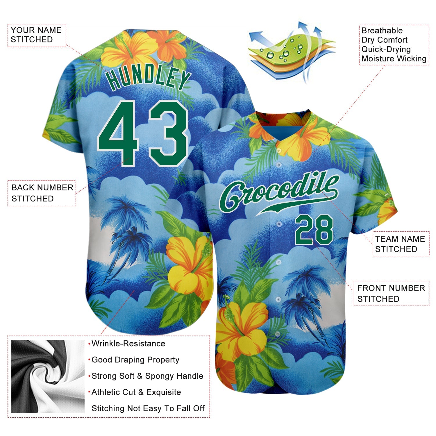 Custom White Kelly Green 3D Pattern Design Beach Hawaii Palm Trees And Flowers Authentic Baseball Jersey view 3